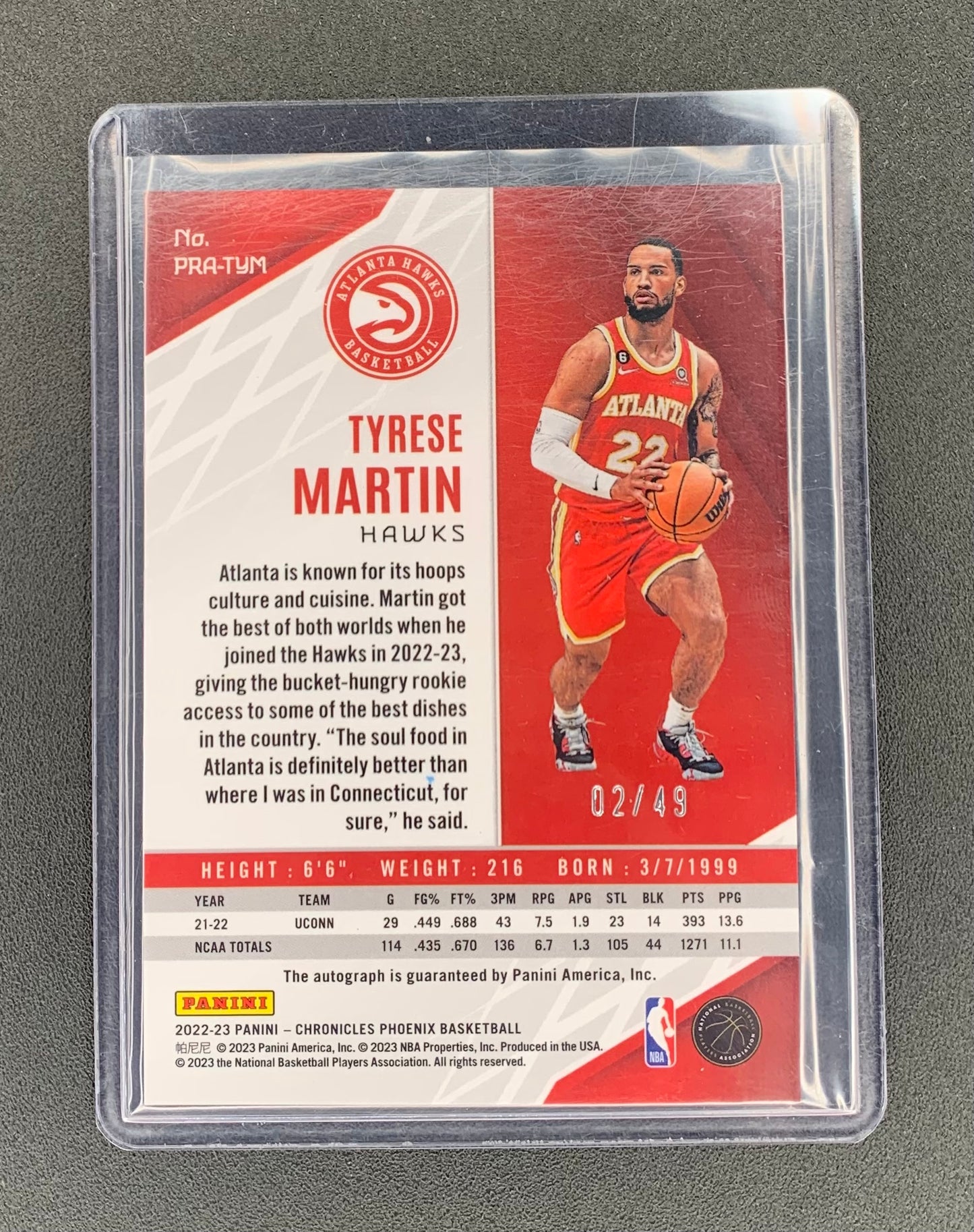 2022/23 Panini Chronicles #30 Tyrese Martin, Atlanta Hawks Phoenix Rookie Autographs Purple 02/49