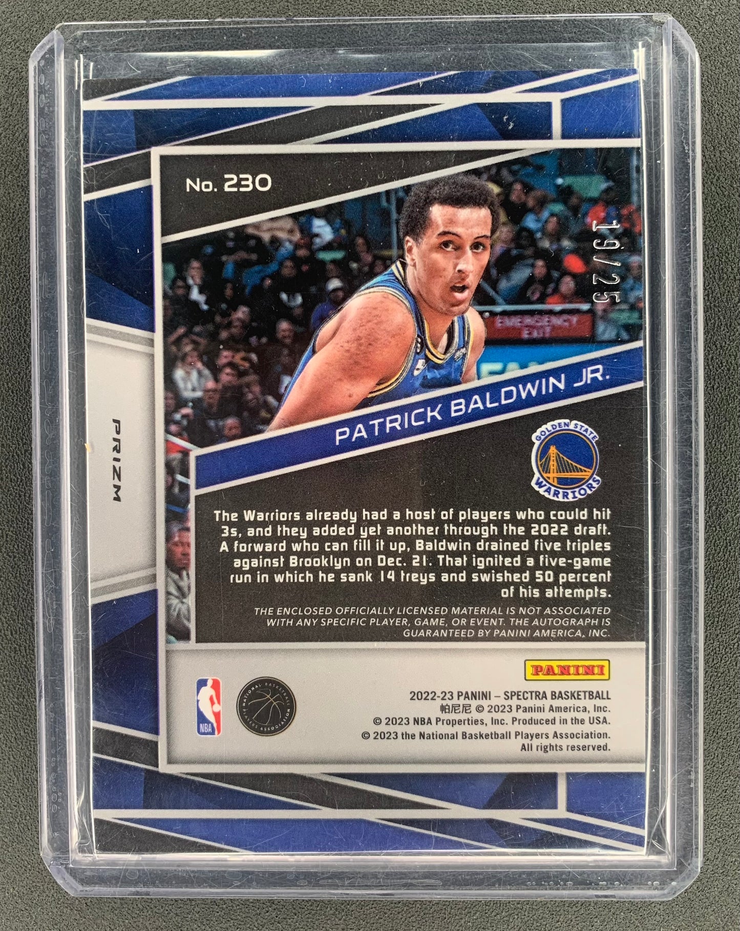 2022/23 Panini Spectra #230 Patrick Baldwin Jr., Golden State Warriors Rookie Jersey Autographs Meta 19/25